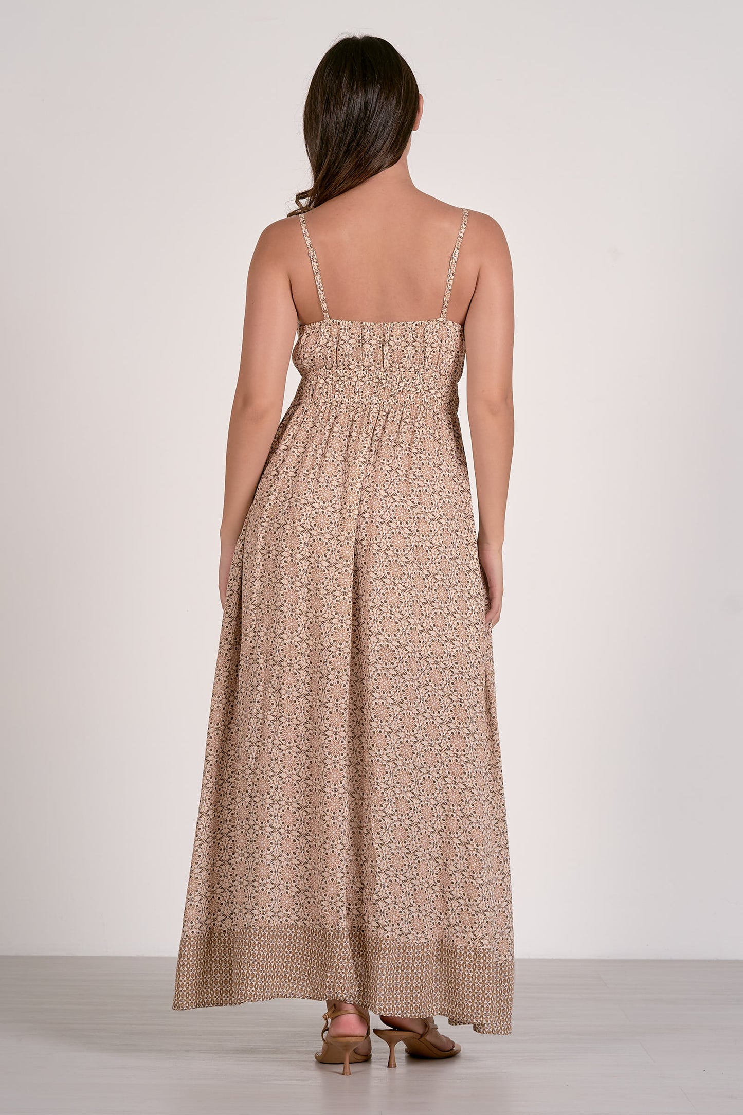 Beige boho maxi dress with thin back straps and allover small print