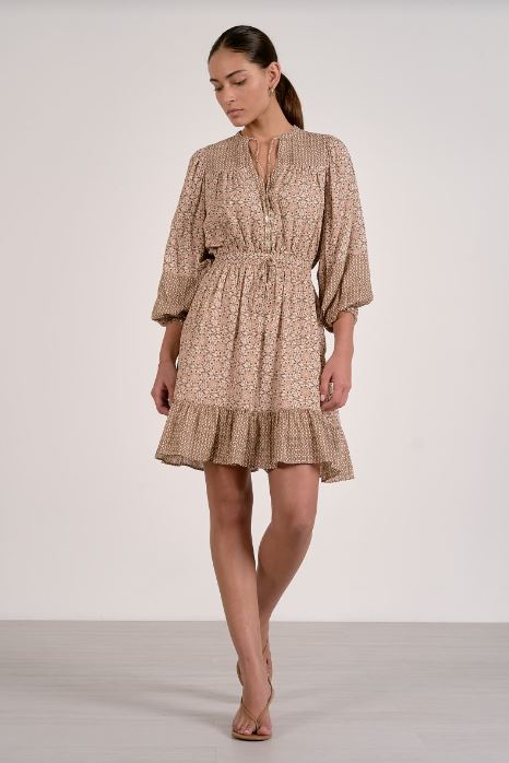 Beige patterned long-sleeve button-front mini dress with tiered ruffle hem and gathered waist
