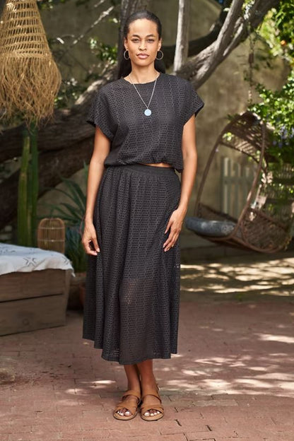 Bubble top n skirt set with necklace in black front view