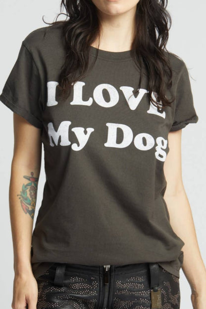 Vintage black short-sleeve graphic T-shirt front with large 'Love' and 'My Dog' text