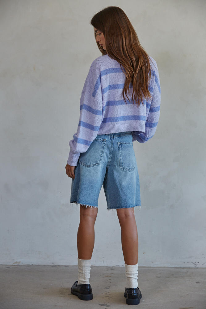 ROWAN STRIPED SWEATER TOP IN LILAC PERIWINKLE BACK VIEW