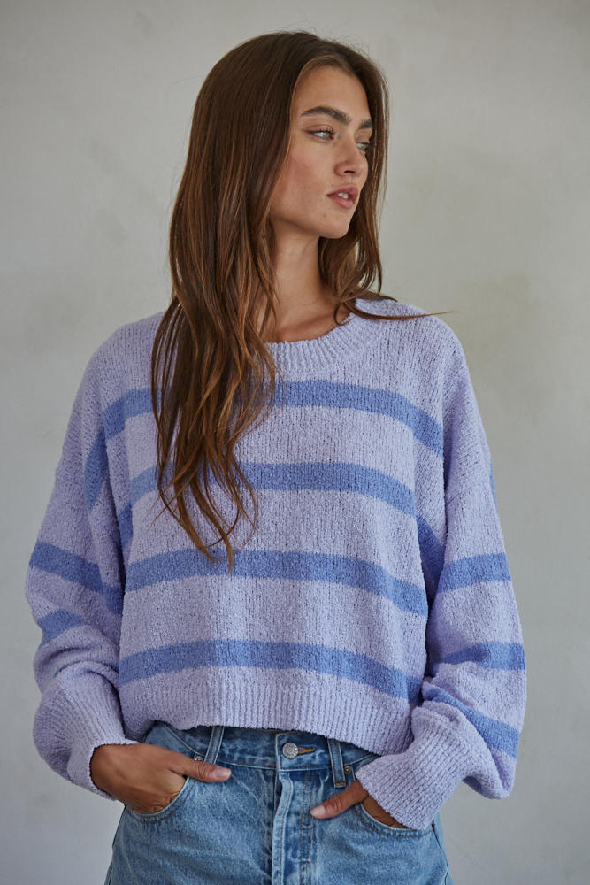 ROWAN STRIPED SWEATER TOP IN LILAC PERIWINKLE FRONT VIEW