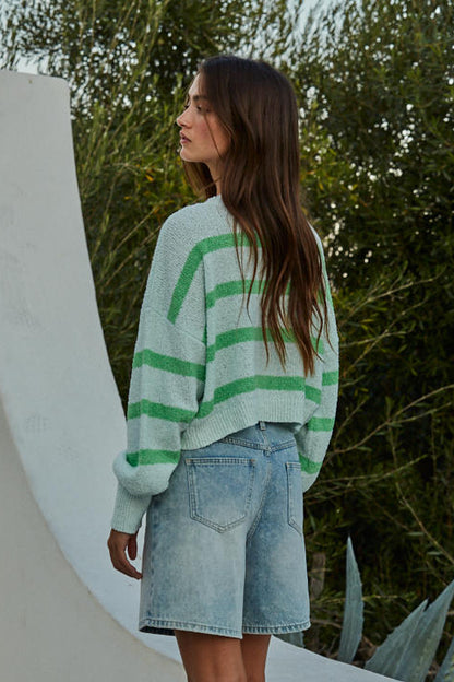 ROWAN STRIPED SWEATER TOP IN LIGHT MINT GREEN BACK VIEW