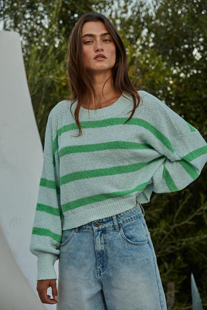 ROWAN STRIPED SWEATER TOP IN LIGHT MINT GREEN FRONT VIEW