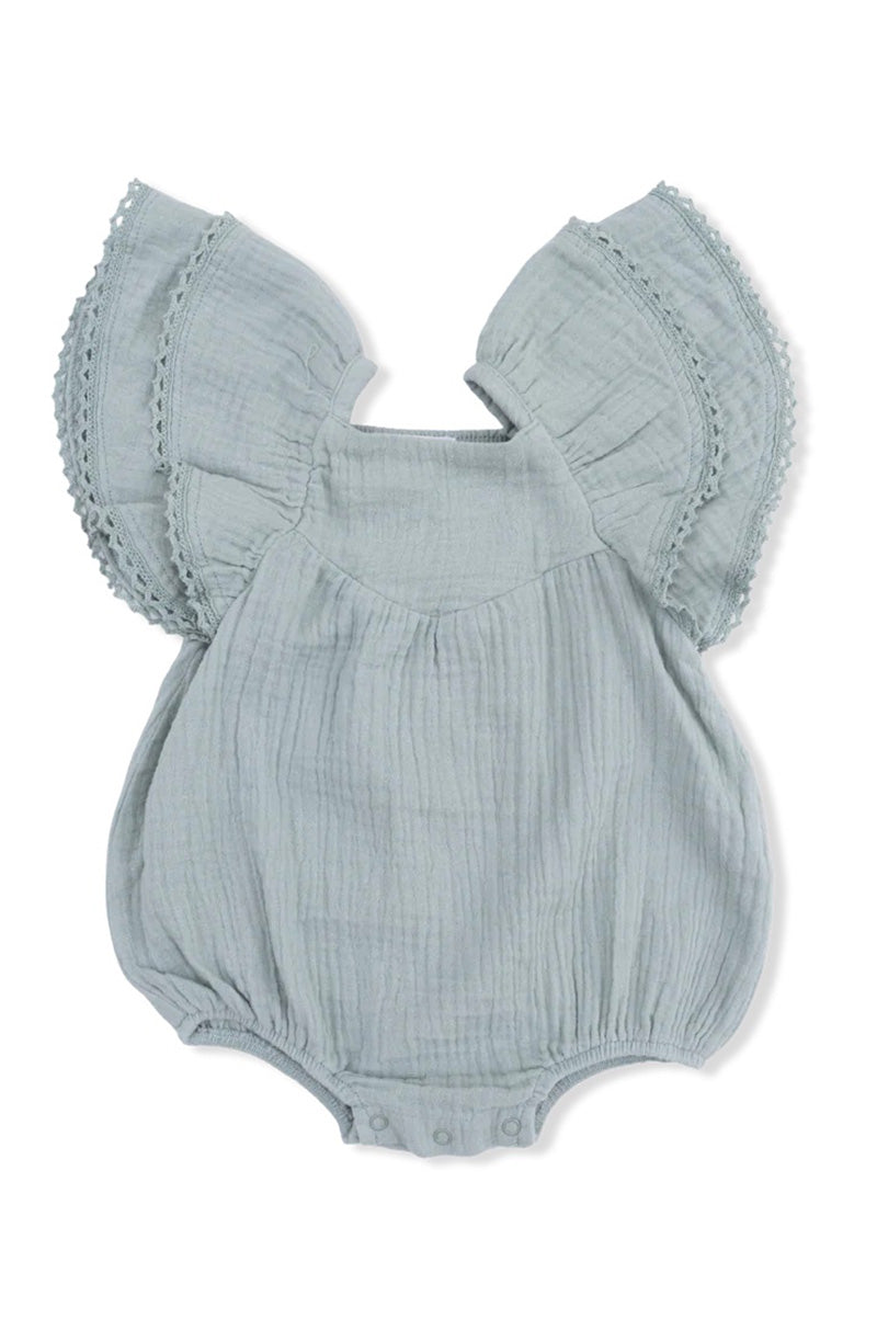 Vneck bubble onsie in sage muslin jadeite front view