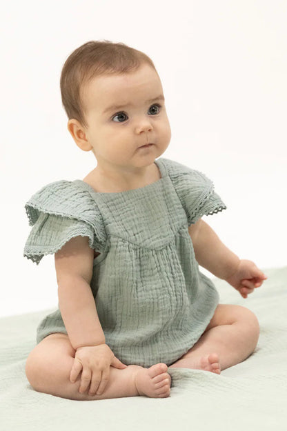Vneck bubble onsie in sage muslin jadeite style view