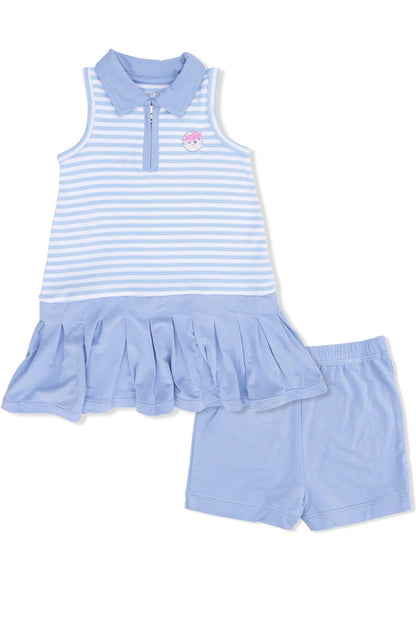 Polo tennis dress with cartwheel shorts in striped golf blue front view