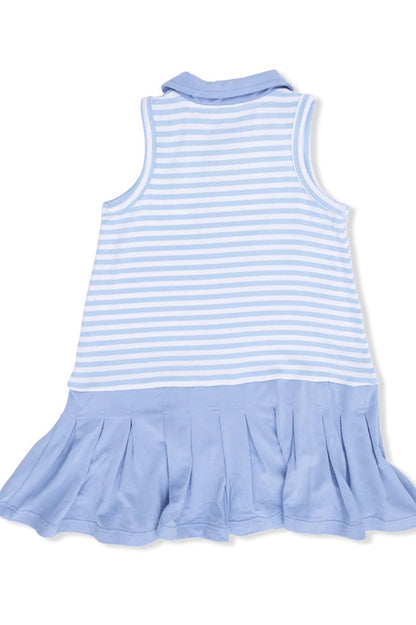 Polo tennis dress with cartwheel shorts in striped golf blue back view