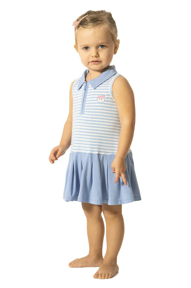 Polo tennis dress with cartwheel shorts in striped golf blue style view