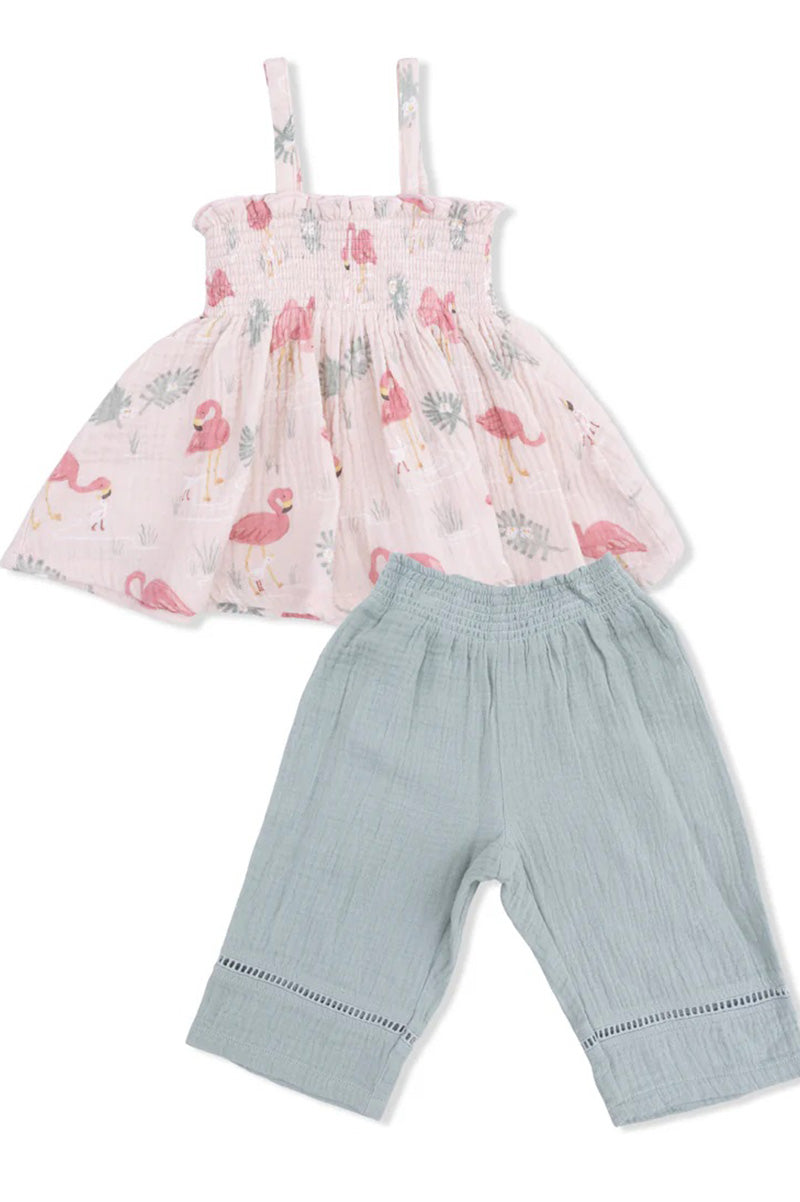 Smocked top and smocked waist pant in flamingos