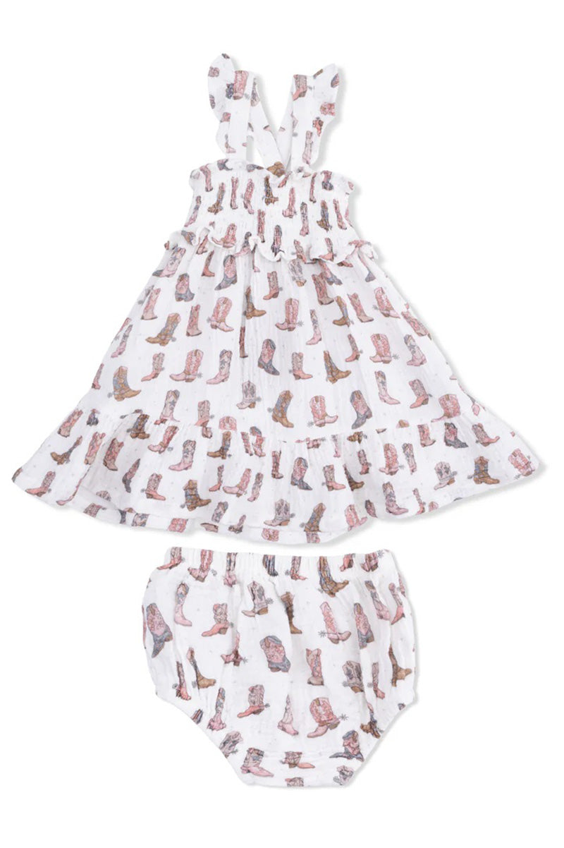 Smocked ruffle sundress set: dress and matching bloomers, cowboy boot print