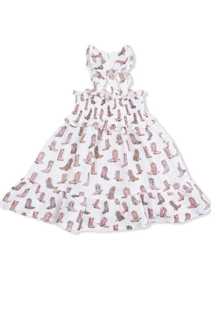 Smocked ruffle sundress with cowboy boot print and flutter straps
