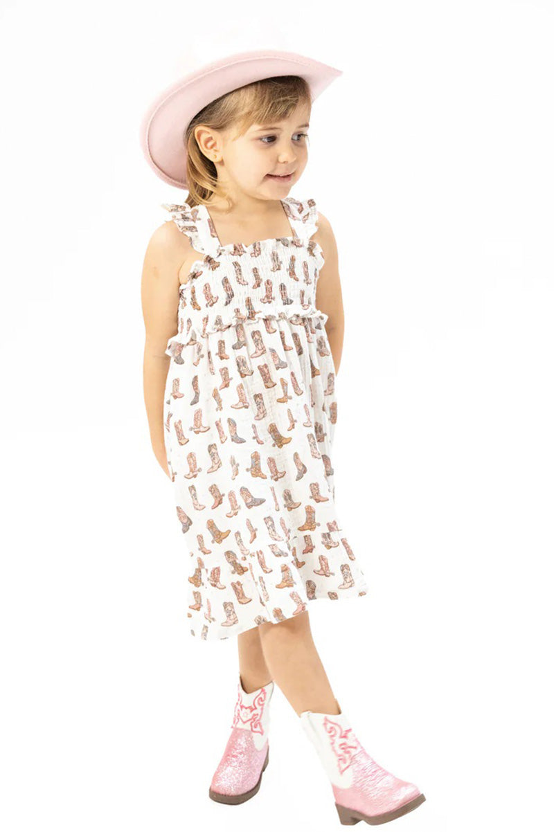 Smocked ruffle sundress & bloomers with cowboy boot print, white