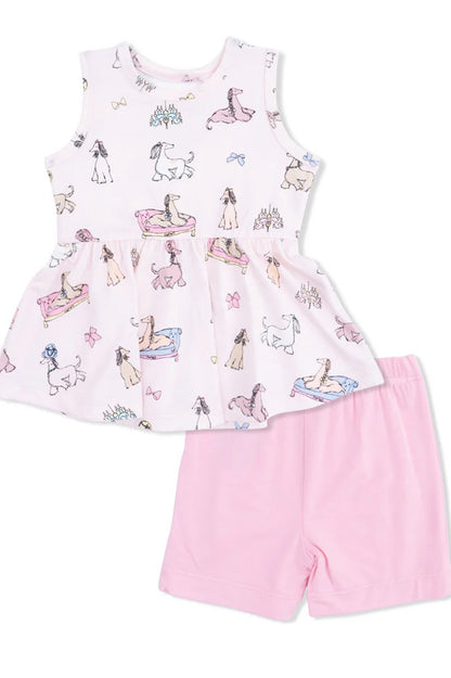 Peplum tank top and bike shorts in fancy hounds and bows front view