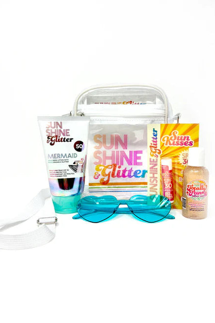 GLAM ON THE GO SPF set (Mermaid): bag, SPF 30 lotion, glitter, sunglasses