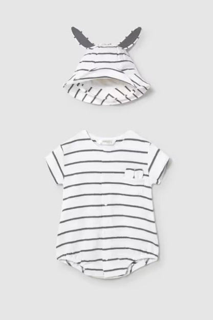 Newborn romper and hat set in whiteboard front view