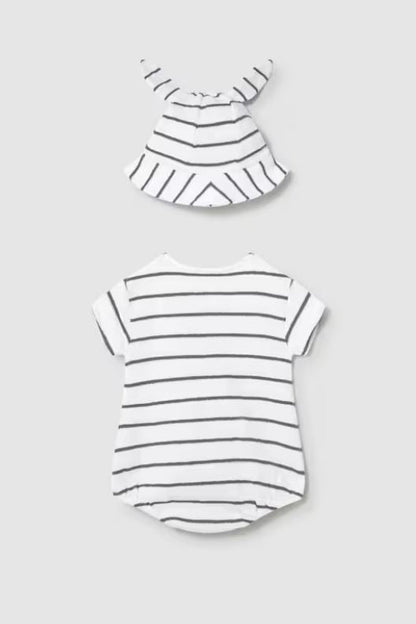Newborn romper and hat set in whiteboard back view