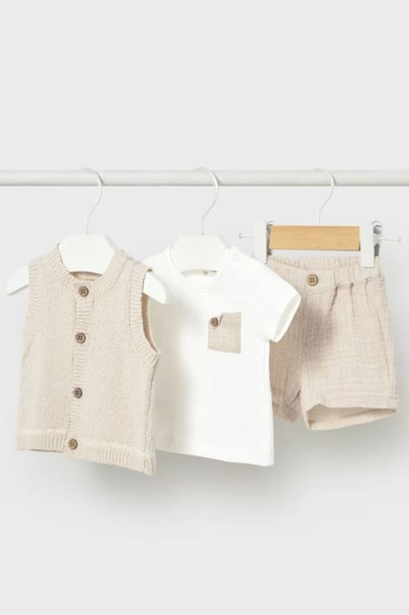 MAYORAL USA wheat knit vest, white tee and matching shorts set on hangers