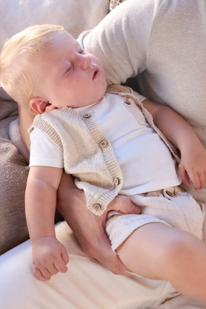 Baby in wheat 3-piece set: short-sleeve tee, knit vest, light shorts