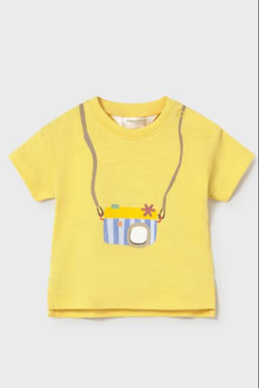 Printed tshirt with camera in mustard front view
