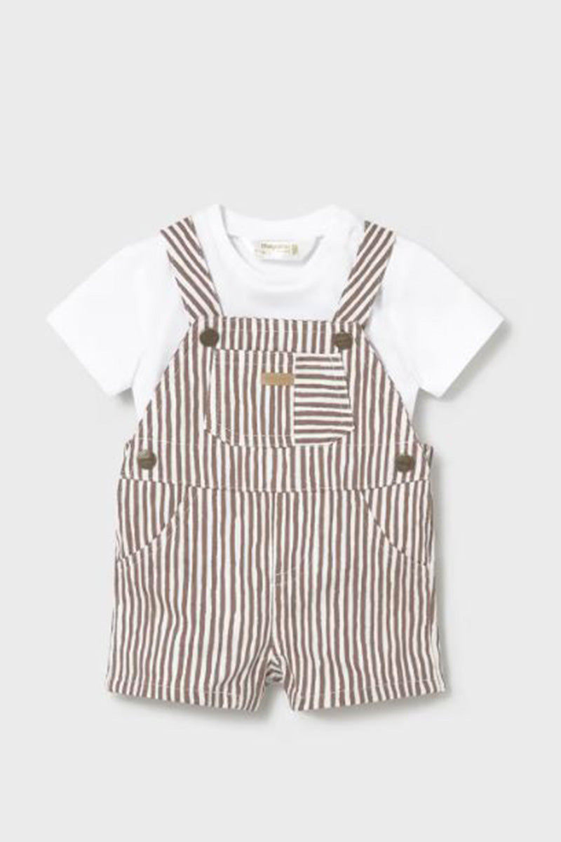 Romper set: brown striped short overalls with white short-sleeve bodysuit