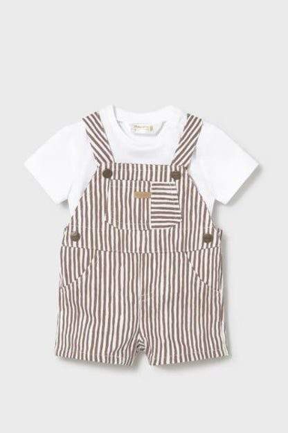 Romper set: brown striped short overalls with white short-sleeve bodysuit