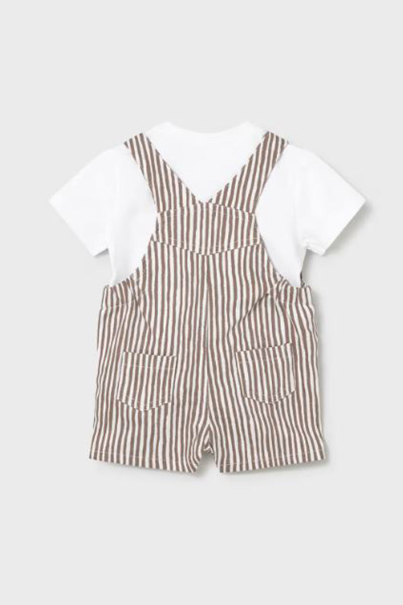 Brown striped short overalls romper with front patch pockets and button straps