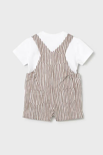Brown striped short overalls romper with front patch pockets and button straps