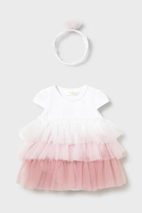 Tulle dress with knit romper and headband in baby rose front view