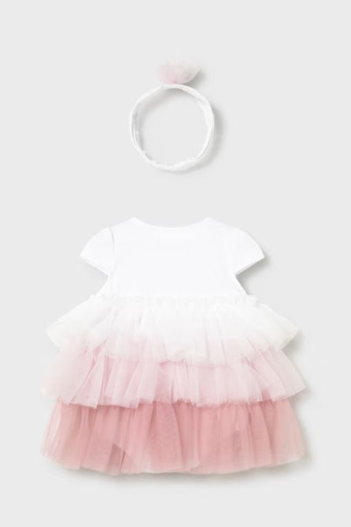 Tulle dress with knit romper and headband in baby rose back view