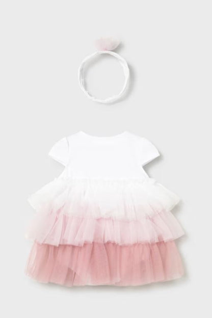Tulle dress with knit romper and headband in baby rose back view