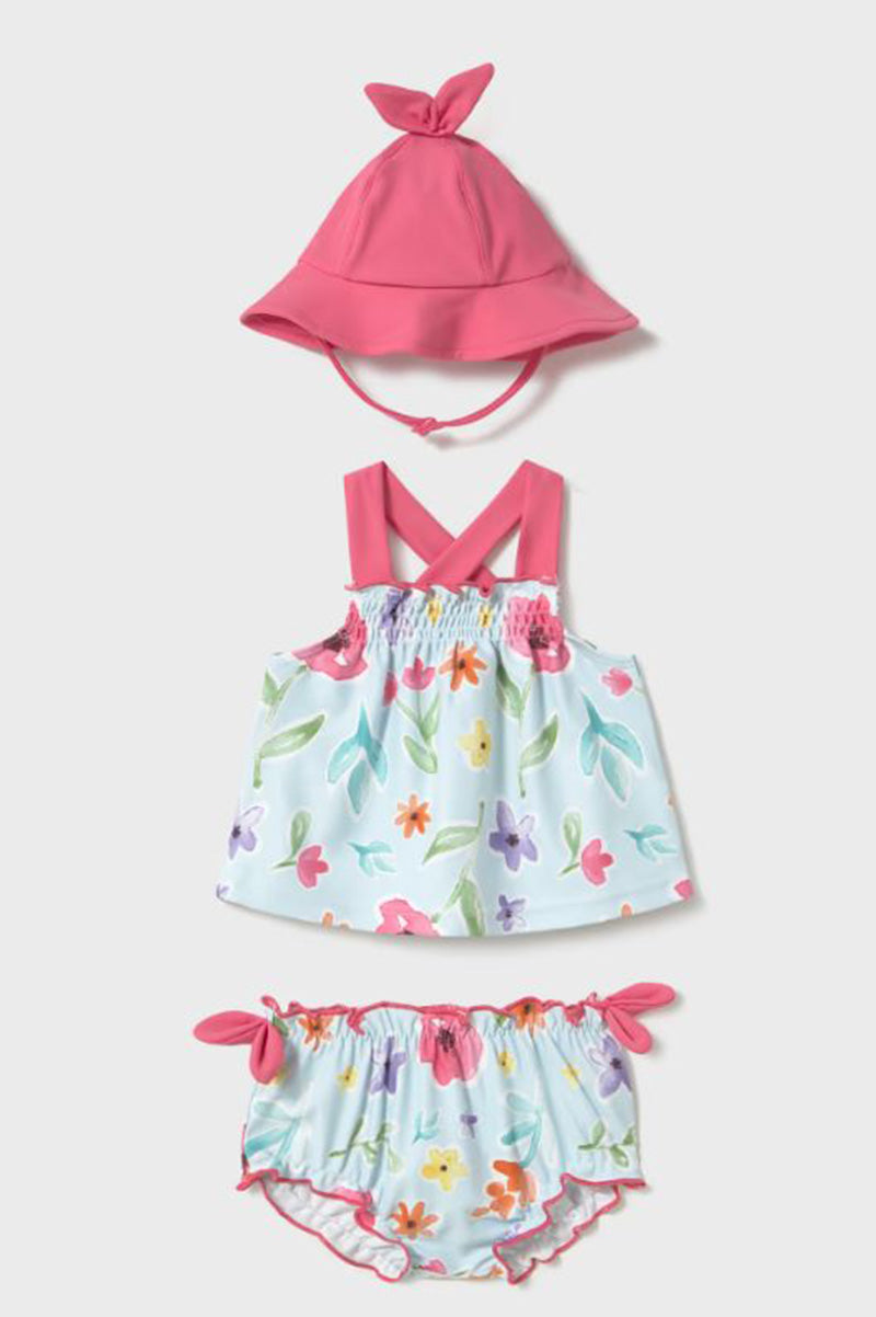 Conjunto de baño 3 piezas rosa con gorro de moño y vestido floral azul claro