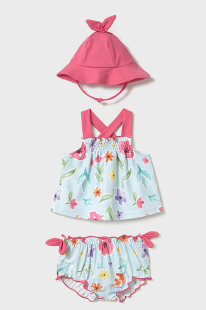Conjunto de baño 3 piezas rosa con gorro de moño y vestido floral azul claro