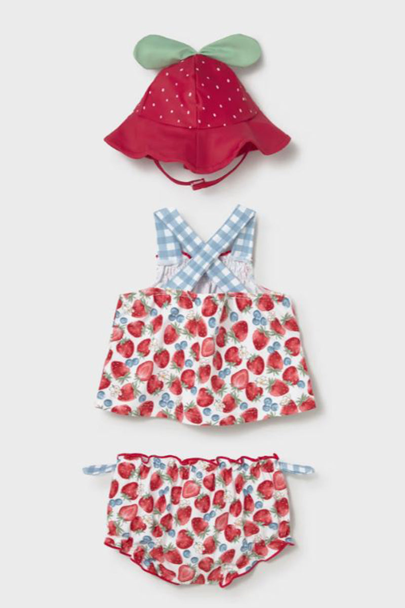 Conjunto de baño 3 piezas rojo con gorro y vestido de tirantes cruzados, más braguita