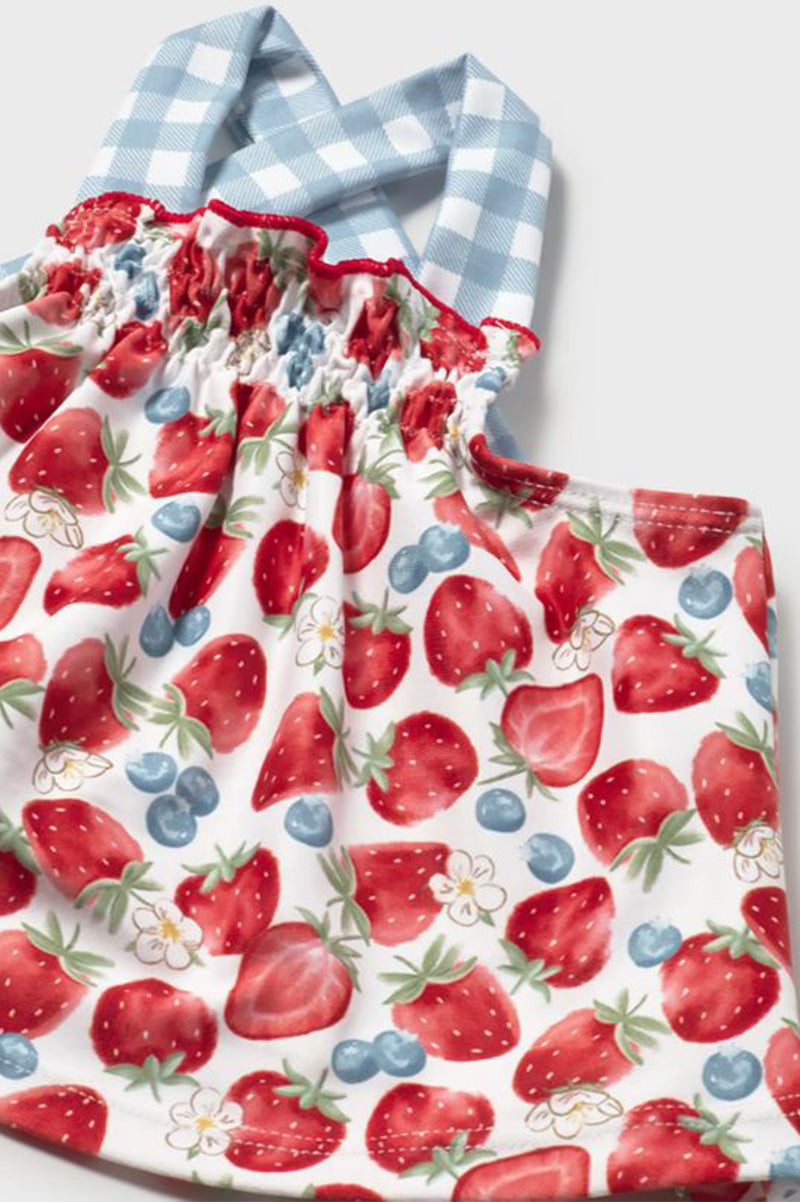 Vestido de baño estampado de fresas con tirantes a cuadros azul y rojo