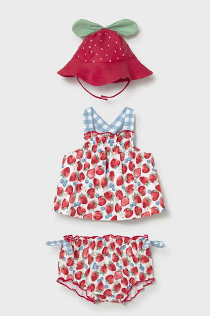 Conjunto de baño 3 piezas rojo: gorro con moño y vestido con braguita a juego