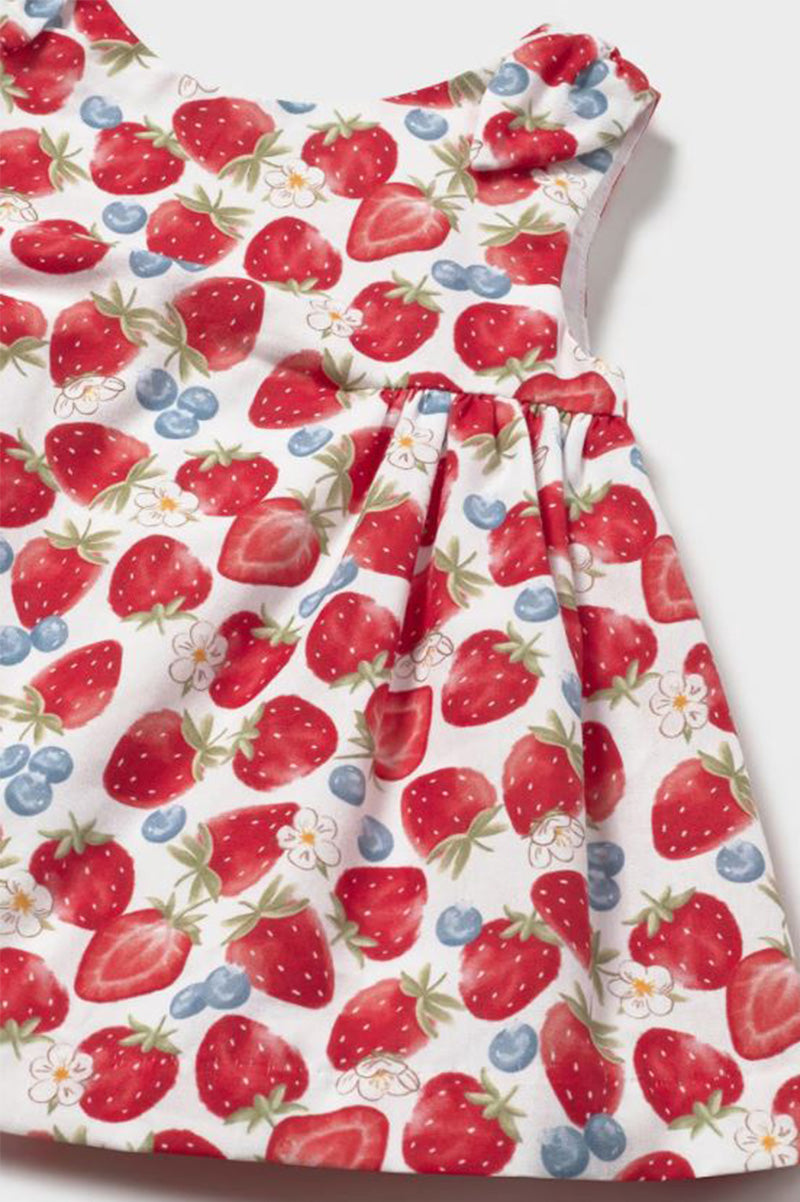 Printed dress in red strawberry front detail view