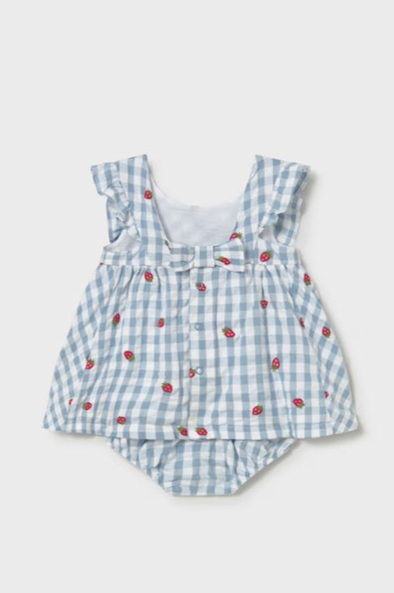Printed dress with bloomers in lagoon with strawberries back view