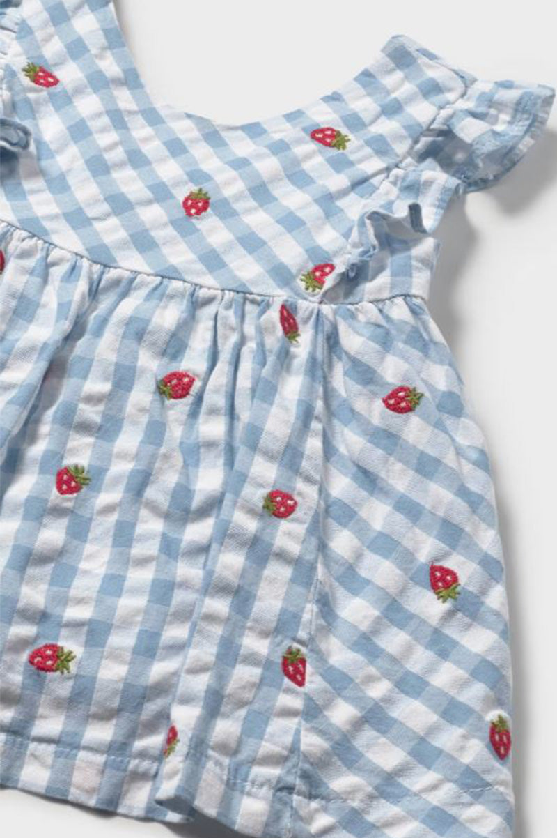 Printed dress with bloomers in lagoon with strawberries detail view