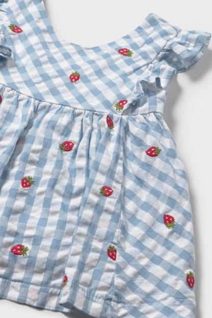 Printed dress with bloomers in lagoon with strawberries detail view