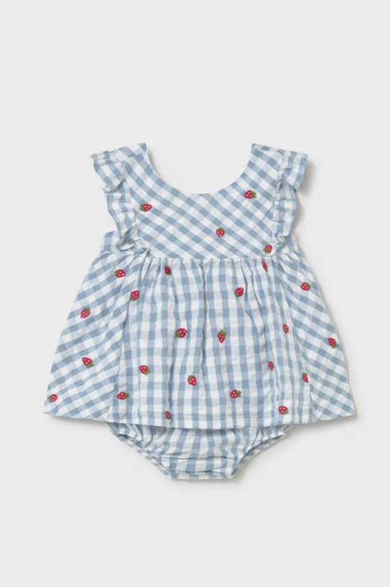 Printed dress with bloomers in lagoon with strawberries front view