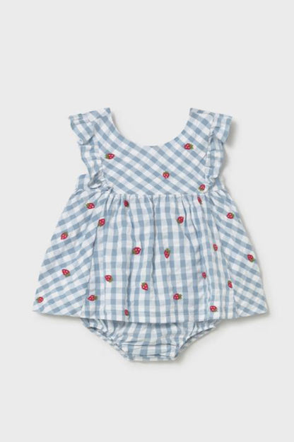 Printed dress with bloomers in lagoon with strawberries front view