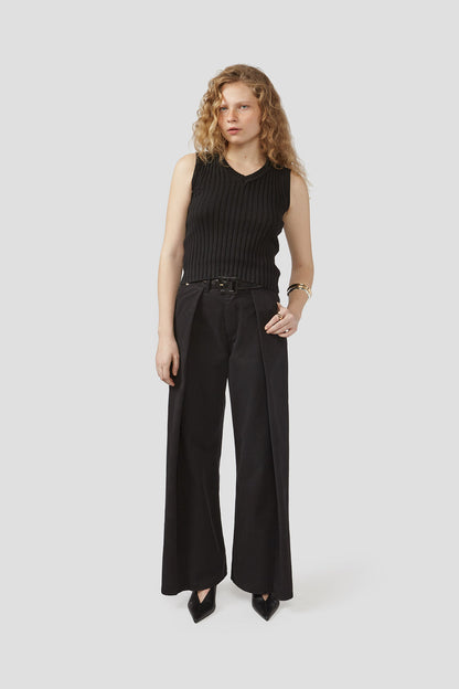 Black wide-leg trousers with belt loops and front pleats, ankle length