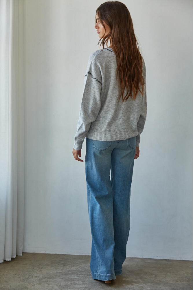 Heather grey crewneck sweater, knit trim on shoulders and sleeves, ribbed cuffs