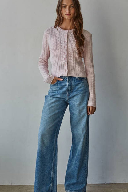 AVON Cable knit cardigan top in ballet pink, button-front with vertical cable pattern