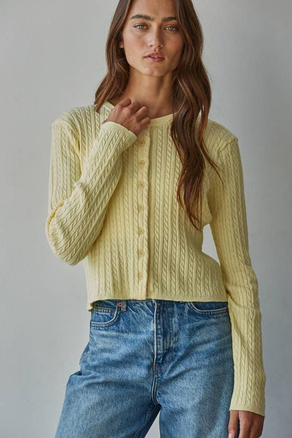 Butter yellow cable knit cardigan top, button-front and cable stripe knit texture