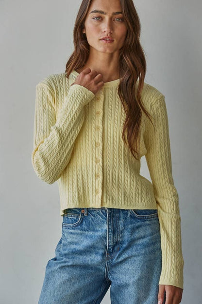 Butter yellow cable knit cardigan top, button-front and cable stripe knit texture