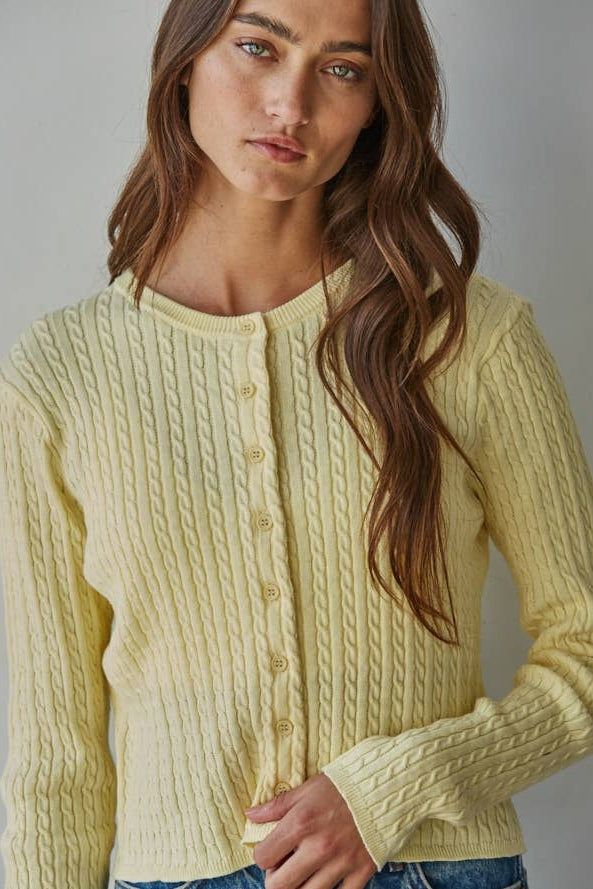 Butter yellow cable knit cardigan top, detailed button placket and round neckline