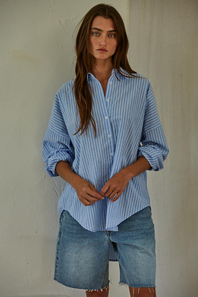 Hidden cove striped shirt in denim blue front view