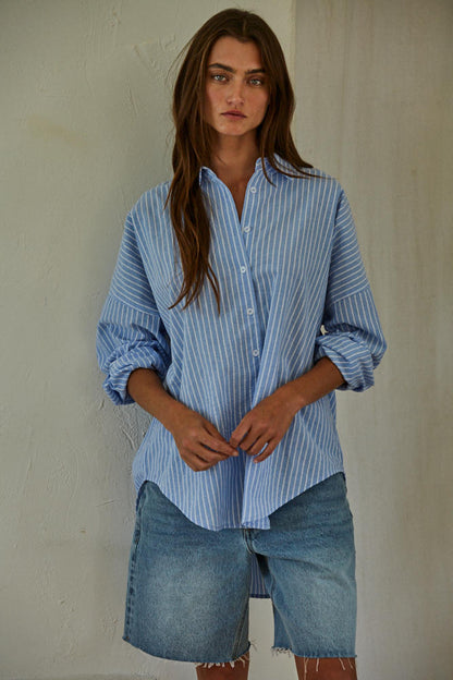 Hidden cove striped shirt in denim blue front view